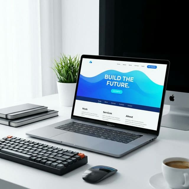 A custom-designed business website shown on a laptop next to a builder template