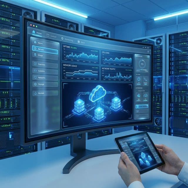 A server monitoring dashboard showing uptime, CPU load and network traffic in a data centre — built by York Coders for a business in Stony Brook, NY