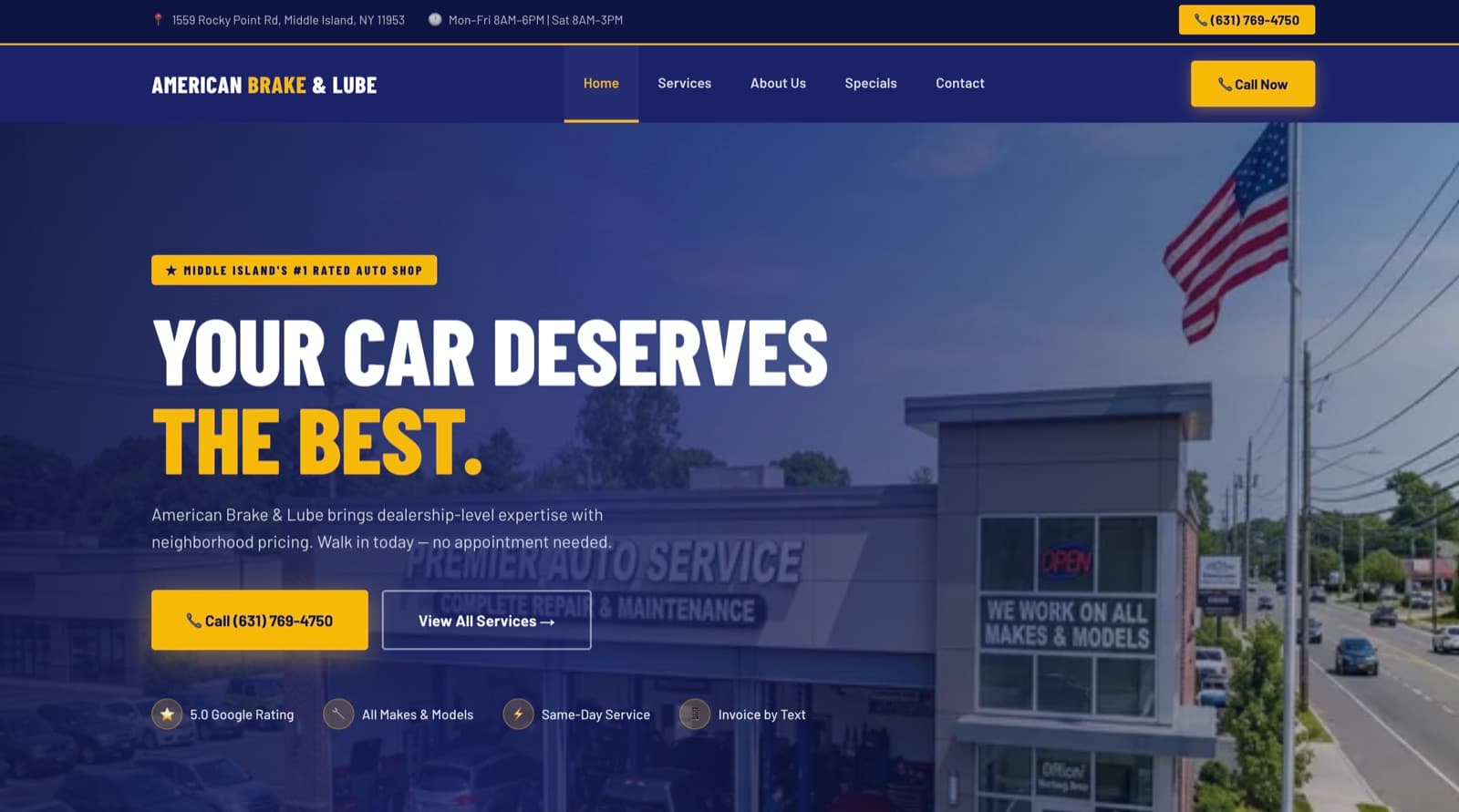 Homepage of the American Brake & Lube website — Automotive in Middle Island, NY, built by York Coders