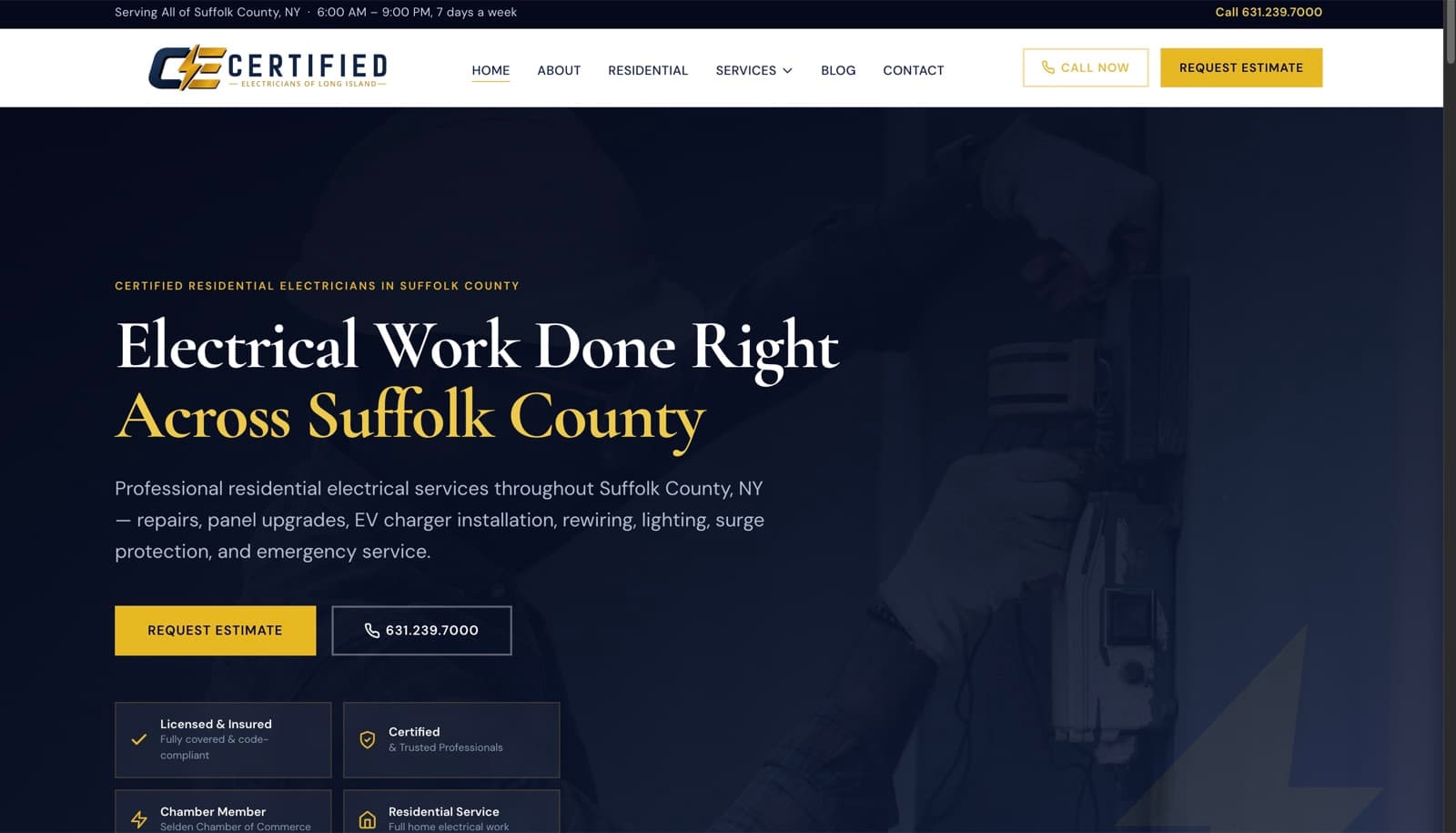 Homepage of the Certified Electricians of LI website — Electrical in Selden, NY, built by York Coders