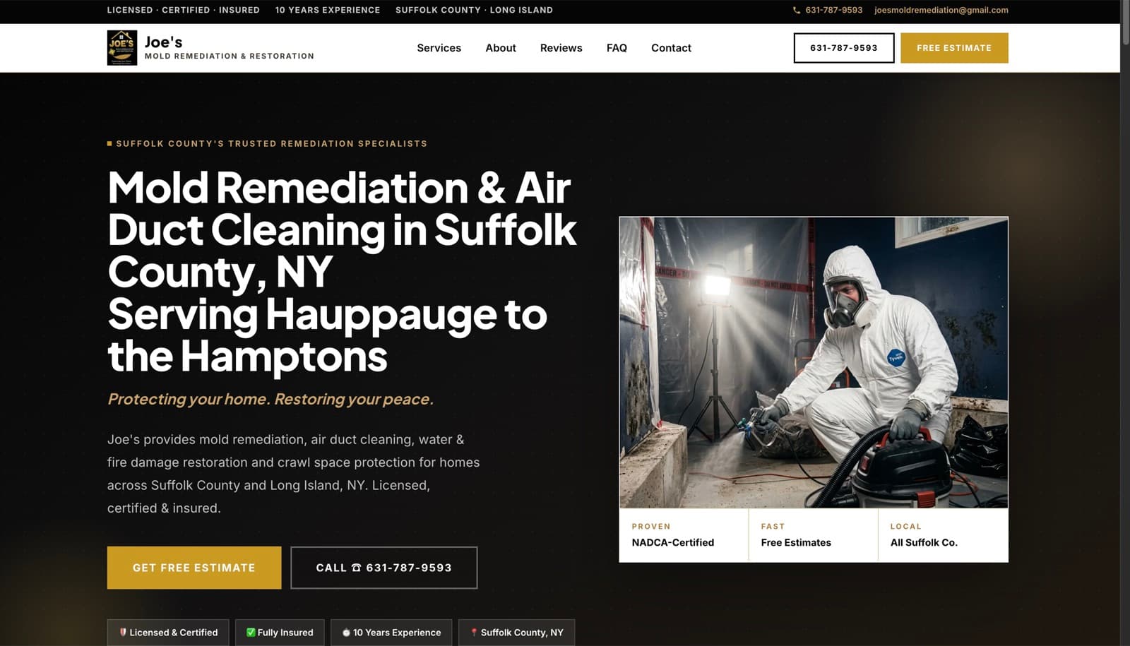 Homepage of the Joe's Mold Remediation website — Home Services in Suffolk County, NY, built by York Coders