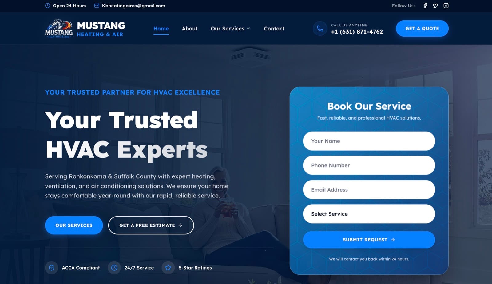 Homepage of the Mustang Heating & Air website — HVAC in Ronkonkoma, NY, built by York Coders
