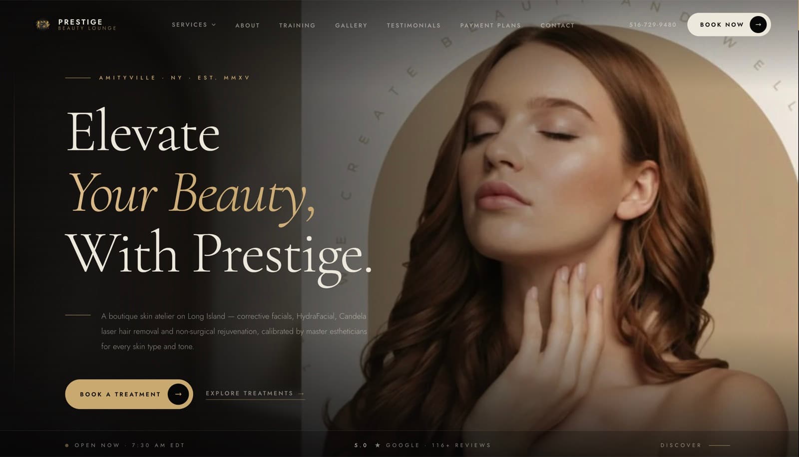 Homepage of the Prestige Beauty Lounge website — Beauty & Wellness in Amityville, NY, built by York Coders