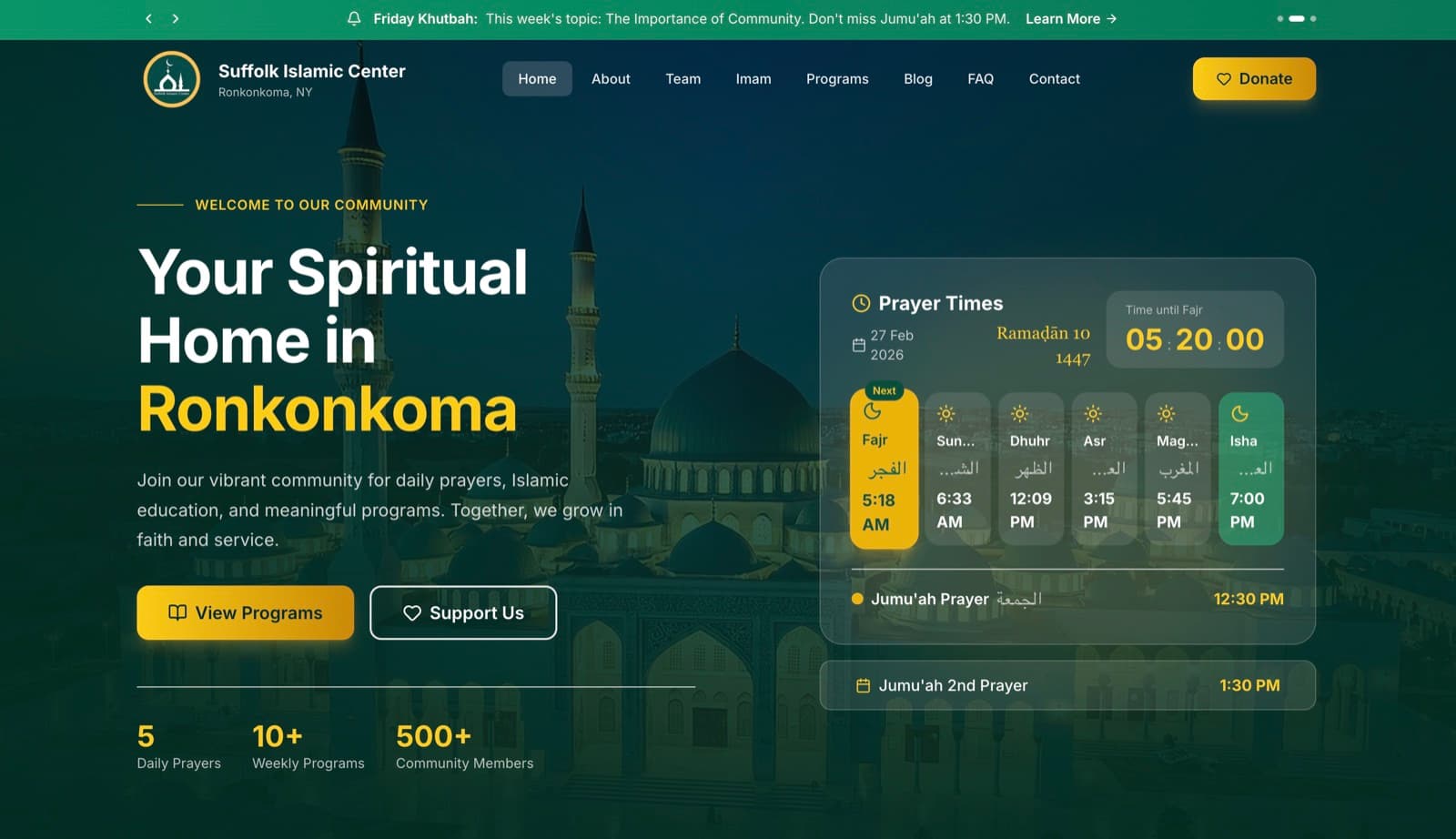 Homepage of the Suffolk Islamic Center website — Non-profit in Ronkonkoma, NY, built by York Coders