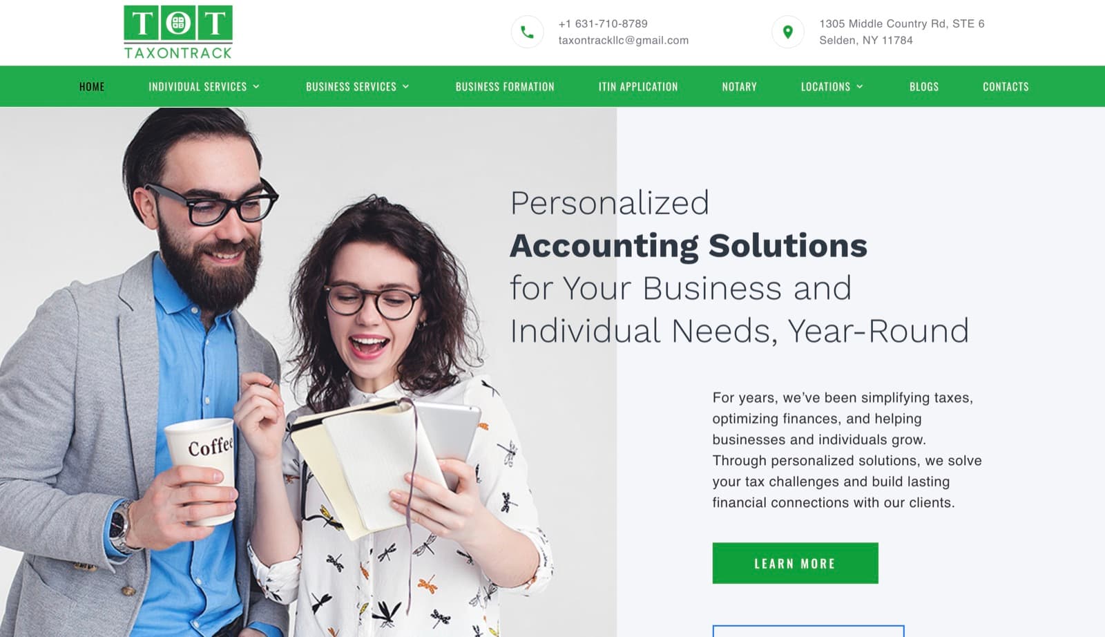 Homepage of the TaxOnTrack website — Accounting in Selden, NY, built by York Coders